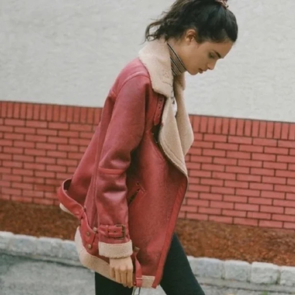 Red Faux Shearling Aviator Moto Jacket – Oversized Fit